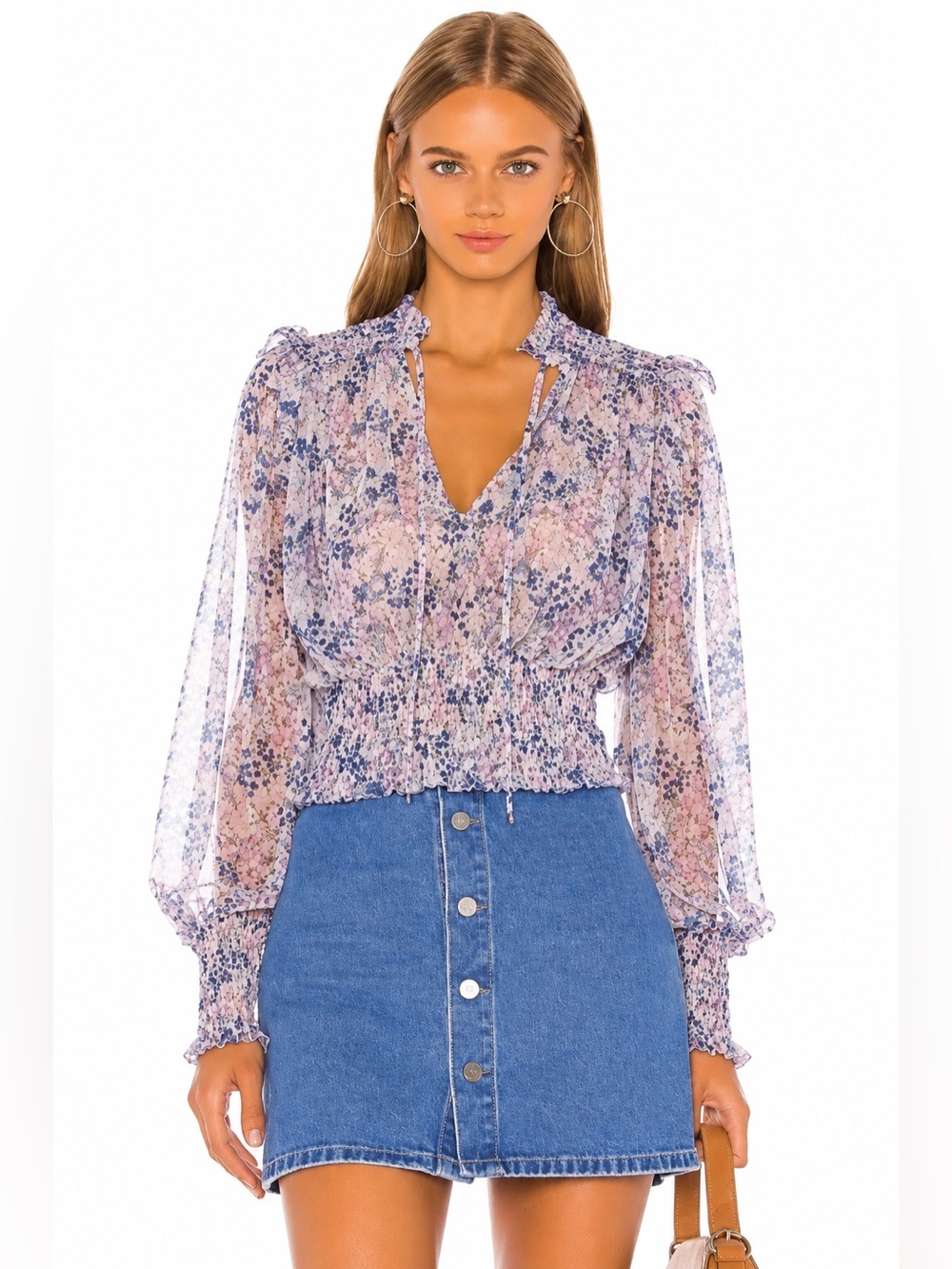 FREE PEOPLE Twyla Floral Mesh Smocked Top Lilac XS NWT